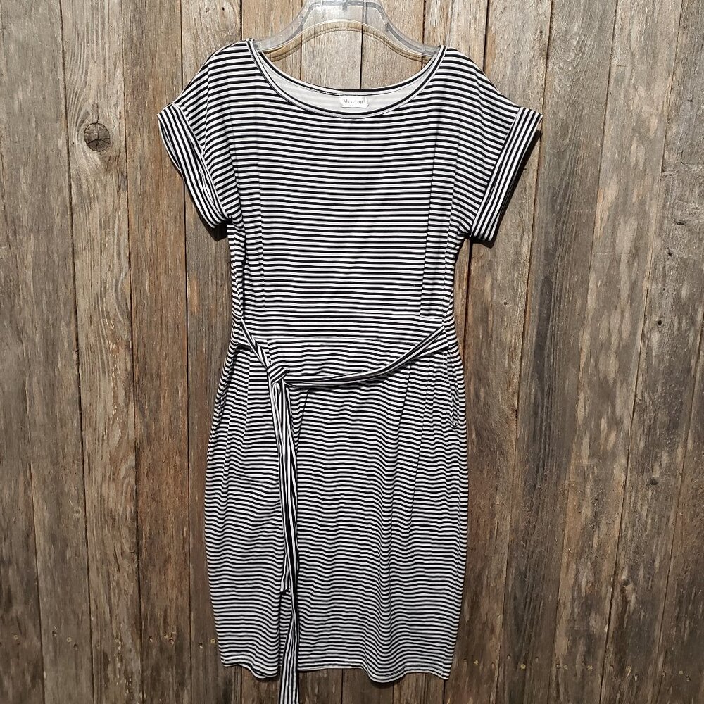 Miselon M Midi Dress Blue Black Striped Knit Tie Waist Stretch Short Sleeve